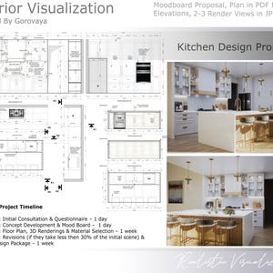 Könnte beinhalten: Ein Küchen-Designvorschlag mit einem weißen und goldenen Farbschema. Der Vorschlag beinhaltet einen Grundriss, 3D-Renderings und ein Moodboard. Der Text "Kitchen Design Proposal" befindet sich oben im Bild. Der Text "Realistic Visualization" befindet sich unten im Bild.