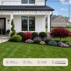 Pode incluir: Uma visualização digital de design de paisagem apresentando uma casa branca com molduras de janela pretas e um jardim frontal. O jardim inclui um arbusto em espiral, arbustos vermelhos e verdes, lavanda roxa e um bordo japonês. Texto: JAPANESE INSPIRED.
