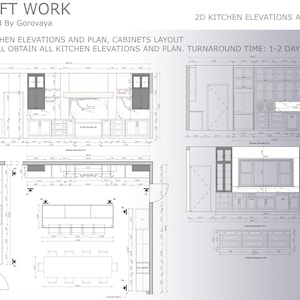 Kompleksowy projekt układu szafek kuchennych, 2D niestandardowy projekt kuchni, układ szafek, rzuty i plany kuchni online, projekt 2D, plan piętra