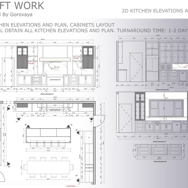 Kitchen Cabinet Layout Draft, 2D Custom Kitchen Design, Cabinet Layout, Online Kitchen Elevations and Plan, Kitchen Draft,Kitchen Floor Plan