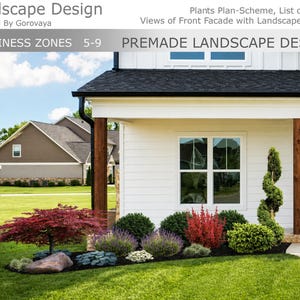 Op de afbeelding: Een professioneel ontworpen landschap voor een wit huis met een zwart dak. Het landschap heeft een verscheidenheid aan planten, waaronder een rode Japanse esdoorn, struiken en siergrassen. De tekst "PREMADE LANDSCAPE DESIGN" is zichtbaar.