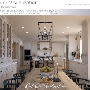 May include: A white kitchen with a large island and a dining table with black chairs. The kitchen has white cabinets, a stainless steel refrigerator, and a black chandelier. The dining table has a wooden top and is set with a bowl of fruit and candles.