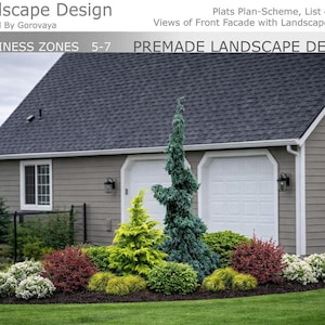 May include: A professionally designed landscape in front of a house with a dark gray roof and light brown siding. The landscape features a variety of plants, including evergreen trees, shrubs, and colorful bushes. Text on the image reads "Landscape Design" and "Premade Landscape Design."