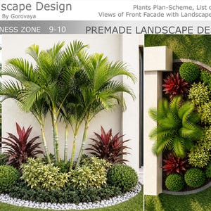 Op de afbeelding: Een landschapsontwerp met palmbomen, rood en groen blad en struiken. Het ontwerp bevat de tekst "Landscape Design" en "Premade Landscape Design". De planten zijn in een cirkelvormig en lineair patroon gerangschikt, hardheidszone 9-10.