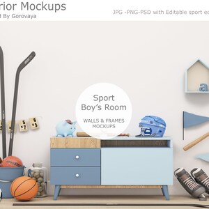 Boys Room Mockup, Sport Room Mockup, Wallpaper Mockup, Teenager Room Mockup, All Sport Equipment is Editable, Hockey Mockup, Hockey Bedroom