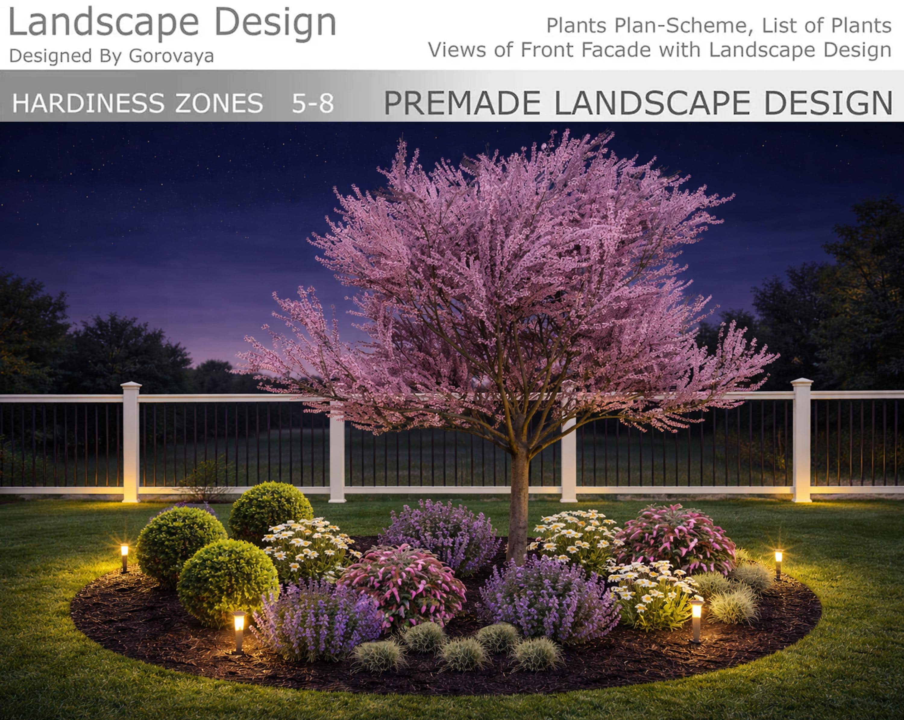 Premade Front Yard Landscape Design With Redbud Tree, Zones 5-8