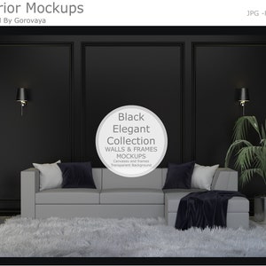 Puede incluir: Una maqueta de una sala de estar con un sofá seccional gris, una alfombra blanca y paredes negras con molduras decorativas. Las paredes están enmarcadas con marcos negros. El texto "Black Elegant Collection WALLS & FRAMES MOCKUPS" es visible en la imagen.