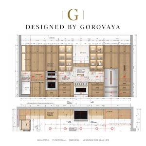 May include: A detailed architectural kitchen elevation and floor plan drawing by Designed by Gorovaya. The layout features light wood cabinetry, a stainless steel wall oven, a professional range, and a refrigerator with precise metric measurements.