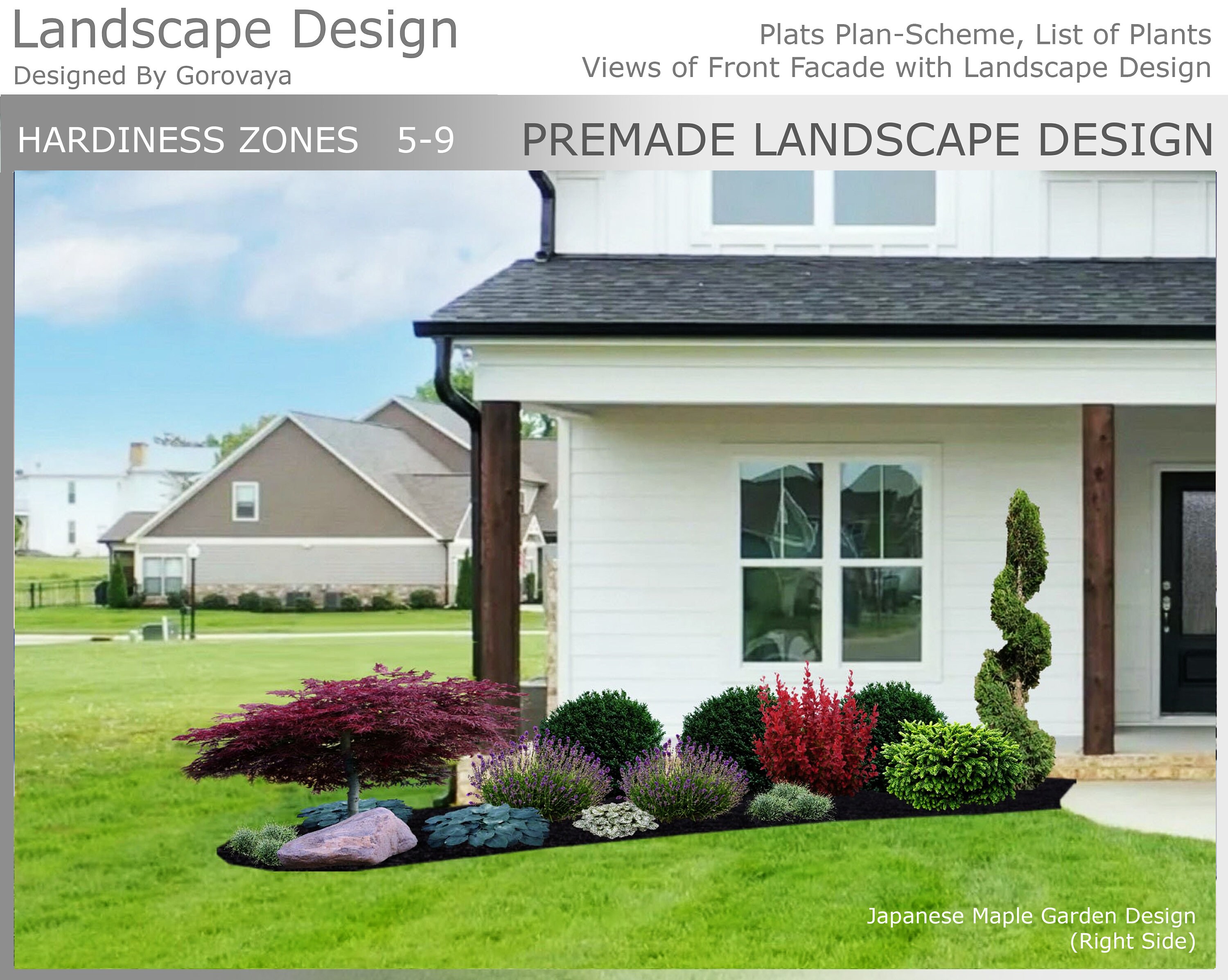 Japanese Evergreen Garden: Ready-made Front Yard Garden Design (zone 5-9) - Landscape  Design, Landscape Premade Design, Right Facing House. - Etsy, image size:3000x2395