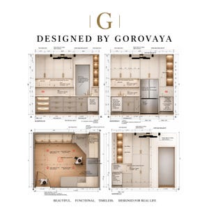 May include: A technical architectural floor plan and elevation drawing titled DESIGNED BY GOROVAYA. The document displays detailed kitchen cabinetry layouts, appliance placements, and precise measurements in feet and inches for a residential space.