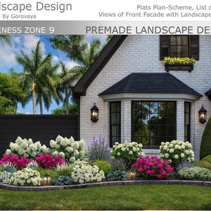 Op de afbeelding: Een professioneel ontworpen landschap met een wit bakstenen huis en zwarte accenten. De tuin omvat een verscheidenheid aan kleurrijke bloemen, struiken en bomen, met een netjes onderhouden gazon. De tekst "Landscape Design" is zichtbaar bovenaan.