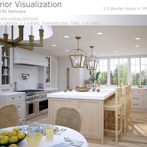 May include: A white kitchen with a large island, white cabinets, and a stainless steel cooker. The island has a white worktop and a wooden base. There are four bar stools around the island. The kitchen has a large window with a view of trees. There are two gold chandeliers hanging from the ceiling.