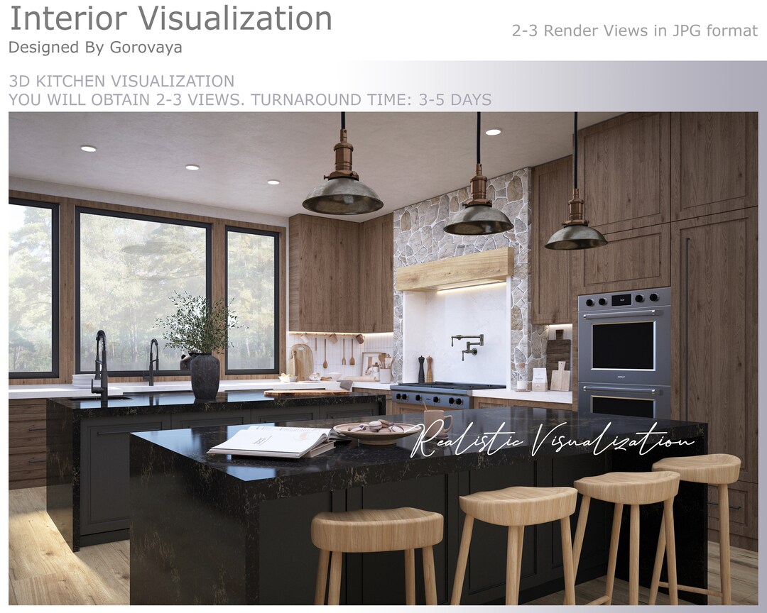 3D Kitchen Design, Farmhouse Kitchen, Interior Visualization, Kitchen