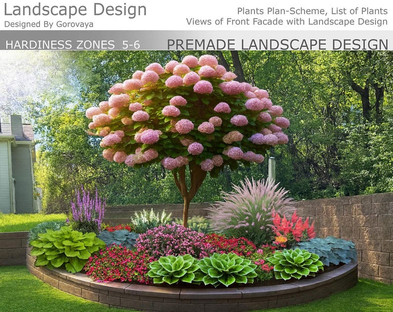 May include: A premade landscape design plan featuring a large central tree with pink hydrangea blooms, surrounded by various green hostas, purple lavender, and red flowers in a raised brick garden bed, with text reading Landscape Design.