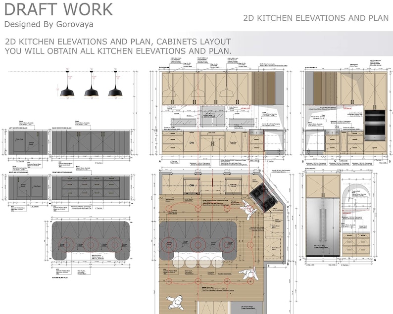 Complex Kitchen Cabinet Layout Draft, 2D Custom Kitchen Design, Cabinet ...