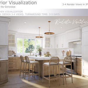 May include: A 3D rendering of a kitchen interior design with white cabinets, a large window, a white island with four bar stools, and a wood floor. The text "Realistic Visualization" is written in the upper right corner of the image.