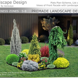 Premade Landscape Design, Landscape Berm, Zone 5-8 Berm, Berm Flower Garden, Conifer Garden, Full Sun Garden, Landscape Design Idea