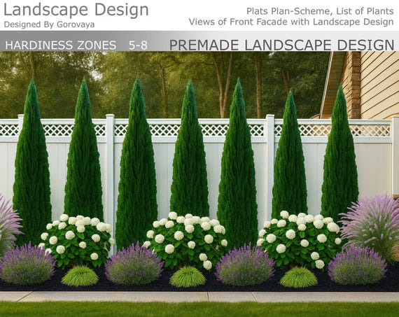 Elegant Privacy Fence Garden Design | Simple Backyard Border for Zones 5–8 | Full Sun Landscaping Plan for Instant Landscape Fence Design