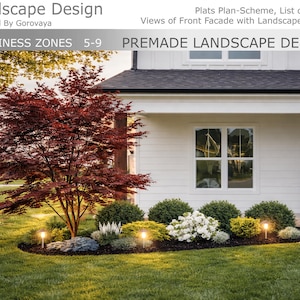 May include: A professionally designed landscape in front of a white house. A vibrant red Japanese maple tree is the focal point, surrounded by various shrubs and flowers. The text "Landscape Design" and "Premade Landscape Design" are visible.