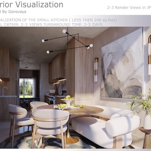 May include: A modern kitchen dining area with a white banquette, wooden chairs, and a round wooden table. The walls are wood paneling and there is a large abstract painting on the wall. The kitchen is small and has a window overlooking a green yard.