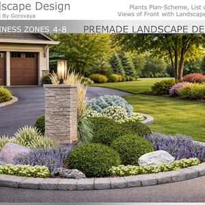 May include: A professionally designed garden with a variety of plants, including lavender, shrubs, and ornamental grasses. A stone pillar with a lamp stands in the center, surrounded by a circular garden bed with a stone border. The text "Landscape Design" is at the top.