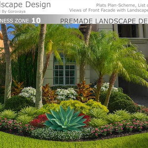 Puede incluir: Un diseño de paisaje profesional con una variedad de plantas y flores. El diseño incluye palmeras, arbustos y flores coloridas, con el texto "Landscape Design" y "PREMADE LANDSCAPE DESIGN". El paisaje está situado frente a una casa con una ventana.