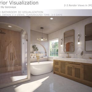 May include: A modern bathroom with a white bathtub, double vanity with wooden cabinets, and a walk-in shower with a glass door. The walls are painted a light beige color and the floor is tiled in a light gray color.