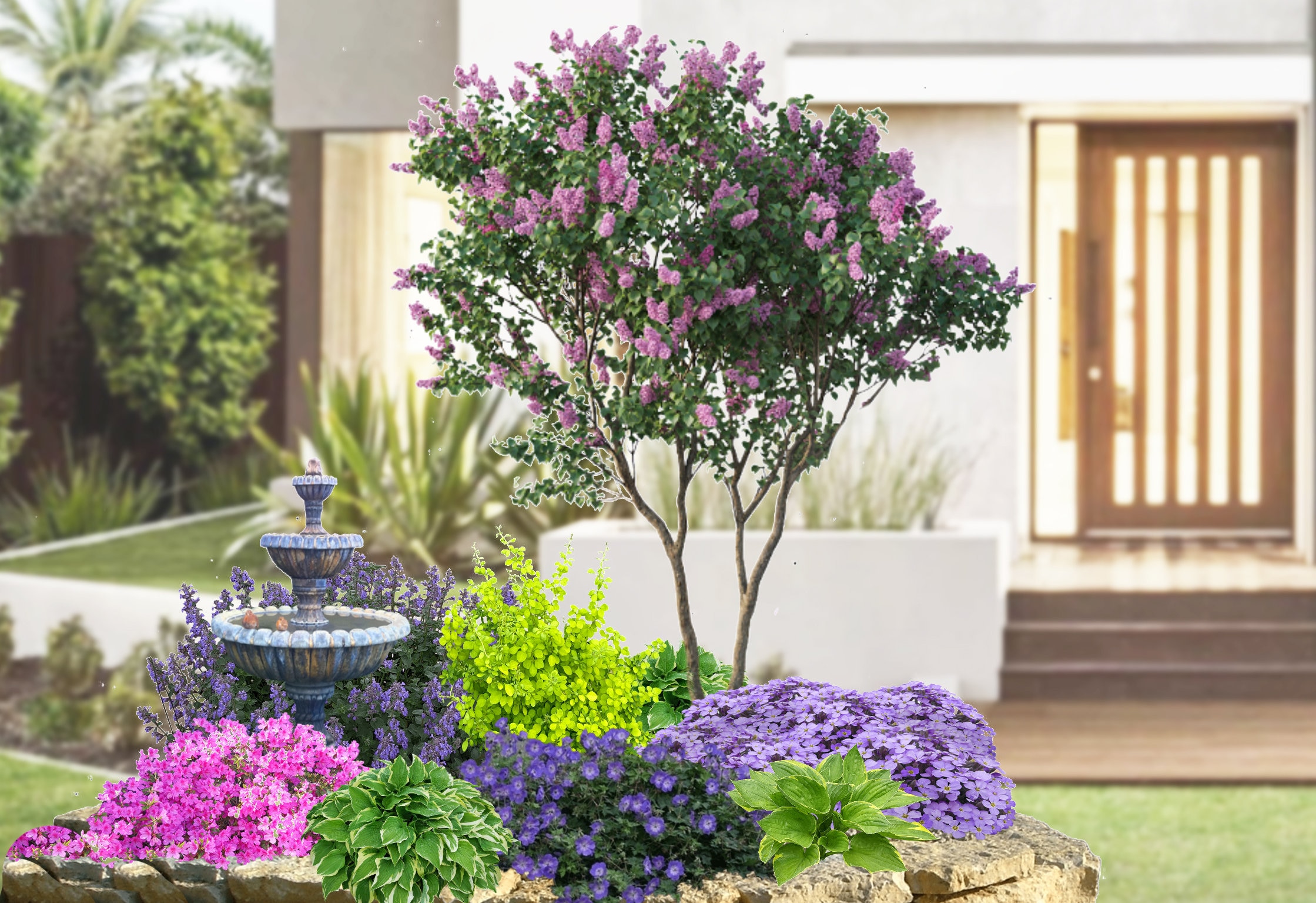 Premade Fence Landscape , Lilac Tree Berm Idea, Zone 5-8 Landscape