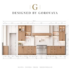 May include: A kitchen elevation drawing by GOROVAYA featuring light wood cabinetry, a 48-inch ZLINE range, a marble backsplash, and integrated LED lighting. The technical diagram includes detailed imperial measurements in feet and inches.