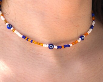 Evil Eye Perlen Halskette, griechischer Stil, stapelbare Halsketten, böses Auge zierliche Halskette, Weißgold Navy Perlen Sommer Choker,