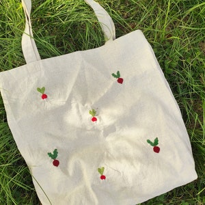Gemüse-Einkaufstasche gesticktes Rote-Bete-Raddish-Muster, große Tasche, Einkaufstasche, niedliche Gemüsebauernmarkttasche