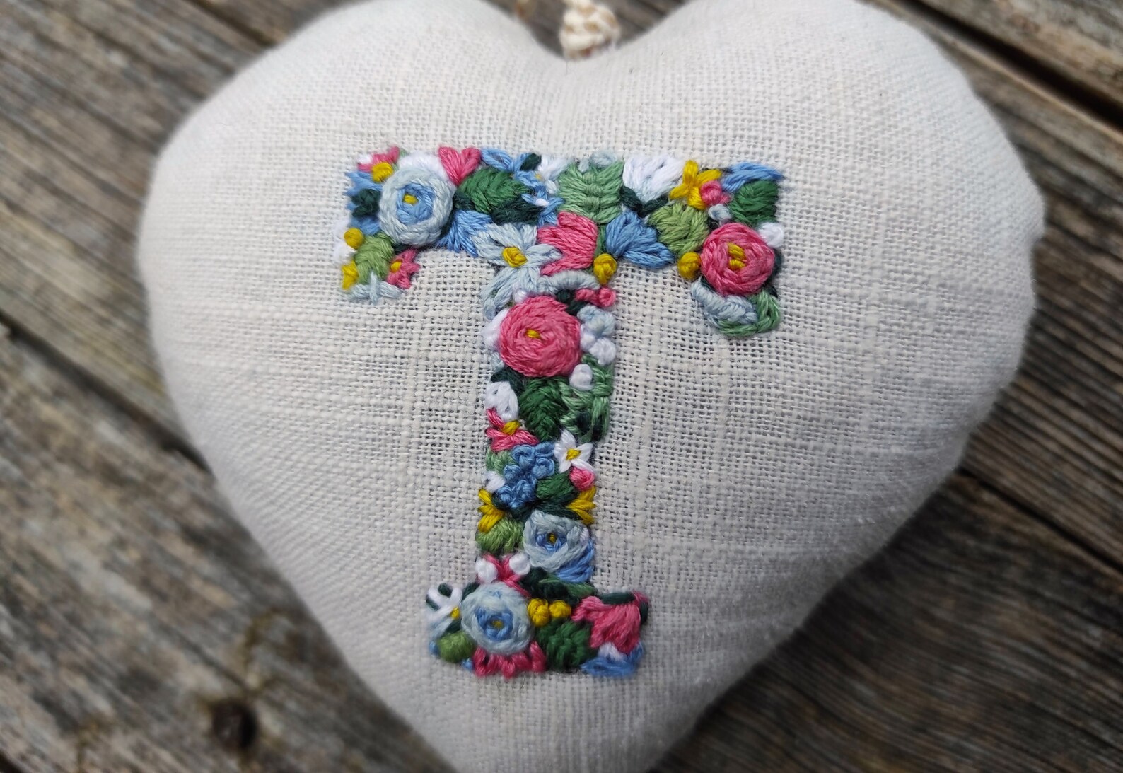 Hand embroidered letter T hanging heart bohemian boho style Etsy