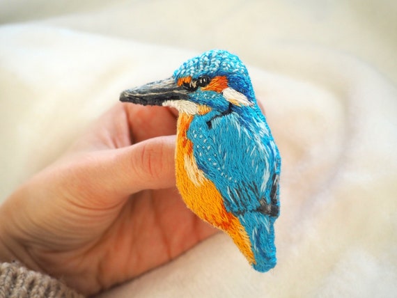 Kingfisher Brooch Pin Embroidered Blue Bird Hand Embroidered
