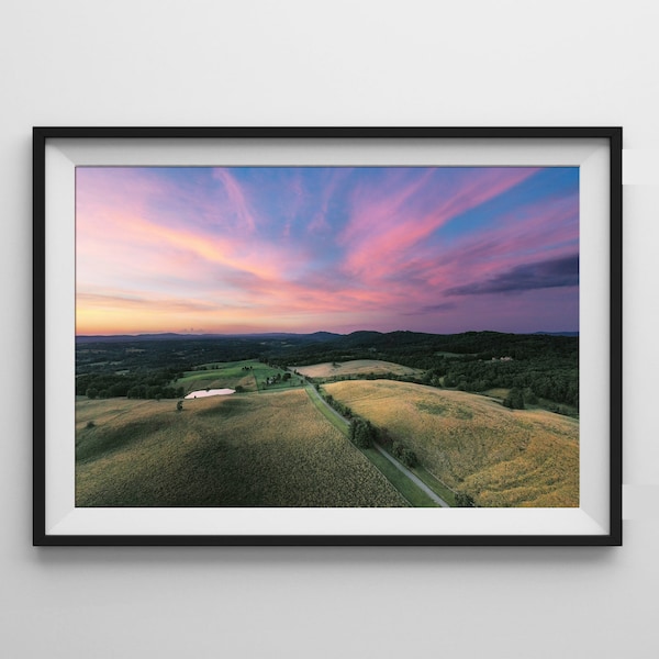 Aerial Sunset Print, Loudoun County, Virginia Farmland, Vibrant Sky, Luster, Canvas, Metal Wall Art, Custom Sizes