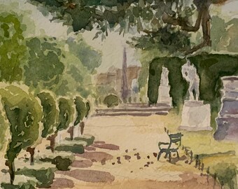 1947 Paris Along the Seine Original Vintage Gouache Watercolor by Andre Joseph Grill
