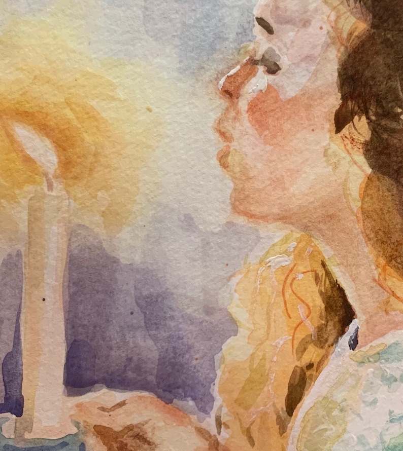 Girl with a candle Watercolor original 6x6\u201d