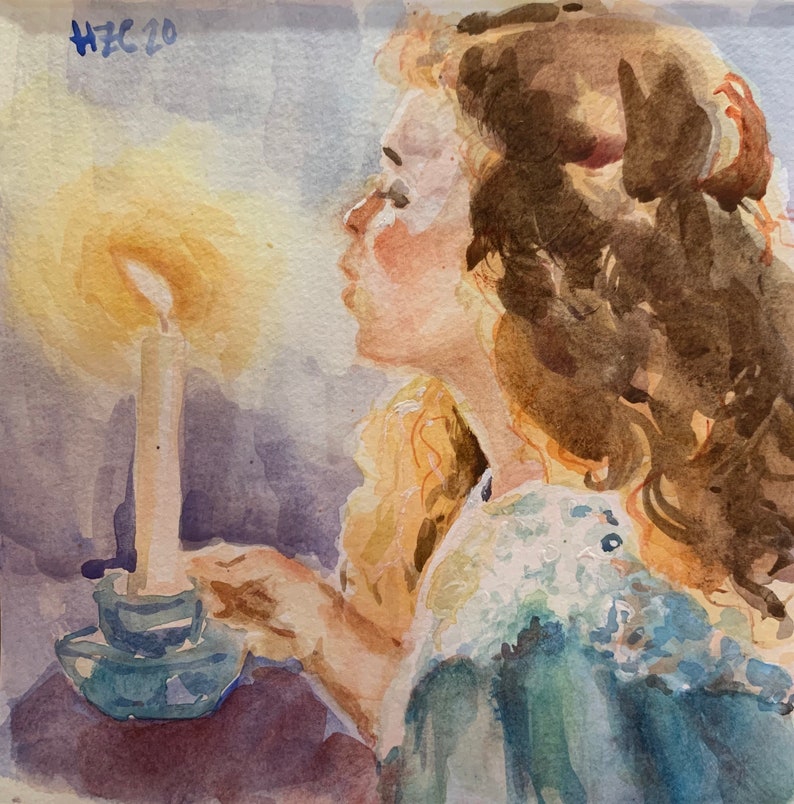 Girl with a candle Watercolor original 6x6\u201d