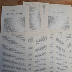 Könnte beinhalten: Nahaufnahme einer Seite aus einem Buch mit den Titeln "The Other Minister" und "Spinner's End." Der Text ist in Schwarzweiß und die Seiten sind leicht vergilbt. Der Text handelt von einem Treffen zwischen dem Premierminister und einem Zauberer namens Wormtail.