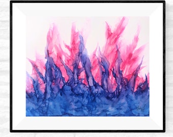 May include: Abstract painting with pink and blue hues, resembling flames or a fiery landscape. The artwork is framed in a black frame.