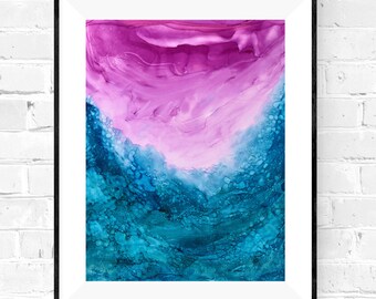 May include: Abstract painting in a black frame with a pink and blue color scheme. The top half of the painting is a light pink with darker pink swirls and the bottom half is a deep blue with lighter blue swirls.
