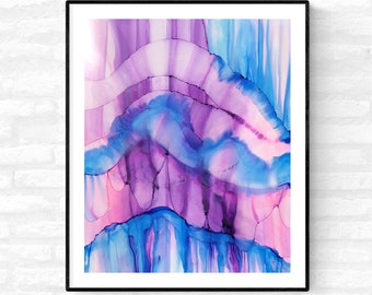May include: Abstract painting with flowing lines and shapes in shades of purple, pink, and blue. The colors blend together to create a dreamy and ethereal effect.