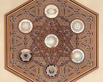 Flor de Metatrón: arte de pared hexagonal en capas de madera cortada con láser con incrustaciones de chakras en espejo