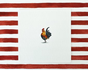 Originale acquerello gallo fattoria uccello piccolo dipinto in miniatura illustrazione realistica animali di campagna