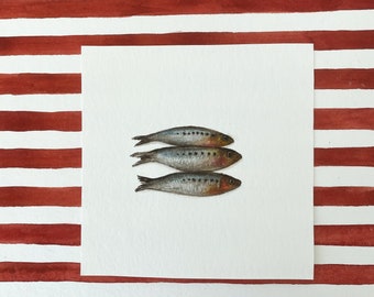 Original Watercolor Sardines Fish Tiny Painting Miniature Realistic Illustration Seafood