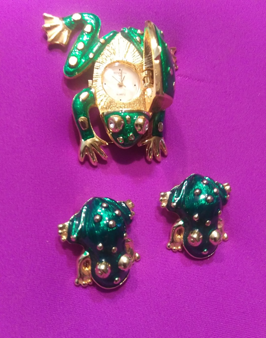 J Lane Vintage Frog Watch Brooch and Earring Set Etsy