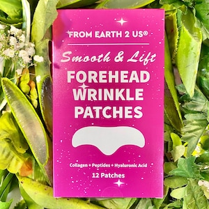 May include: A pink box of "FOREHEAD WRINKLE PATCHES" with the text "Smooth & Lift" and "FROM EARTH 2 US®". The box contains 12 patches with collagen, peptides, and hyaluronic acid. The box is surrounded by green leaves.