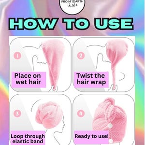 Puede incluir: Una gu&iacute;a de cuatro pasos sobre c&oacute;mo usar una envoltura de pelo de microfibra rosa. Los pasos se ilustran con una caricatura de una persona usando la envoltura de pelo. El texto dice: "Colocar sobre el cabello mojado", "Girar la envoltura de pelo", "Pasar el bucle a trav&eacute;s de la banda el&aacute;stica", y "&iexcl;Listo para usar!"