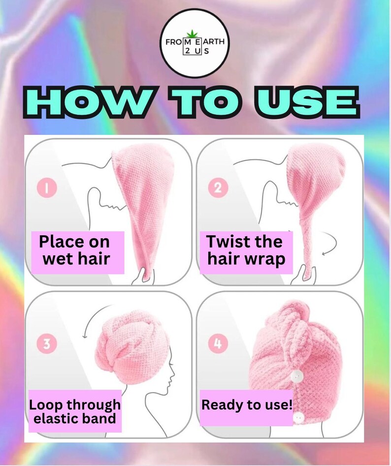Puede incluir: Una gu&iacute;a de cuatro pasos sobre c&oacute;mo usar una envoltura de pelo de microfibra rosa. Los pasos se ilustran con una caricatura de una persona usando la envoltura de pelo. El texto dice: "Colocar sobre el cabello mojado", "Girar la envoltura de pelo", "Pasar el bucle a trav&eacute;s de la banda el&aacute;stica", y "&iexcl;Listo para usar!"