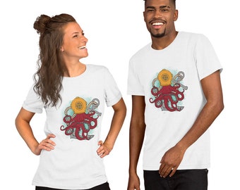 Diver Helmet Octopus Anchor Unisex T-Shirt | Ocean Sea Beach Nautical Tee | Anchor Antique Scuba Diver Helmet Hippie Shirt for Her for Him