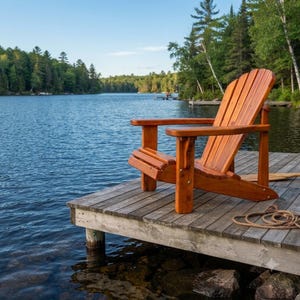 Könnte beinhalten: Ein hölzerner Adirondack-Stuhl mit einer geschwungenen Rückenlehne und breiten Armlehnen in einem warmen Braunton. Der Stuhl steht auf einem verwitterten Holzsteg mit Blick auf einen ruhigen See, der von einem dichten grünen Kiefernwald umgeben ist.